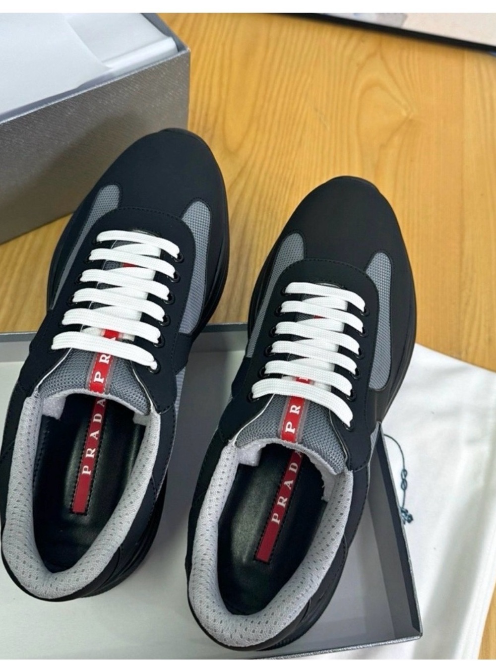 Prada Black, Gray and White Men's Lace-Up Sneakers with Red Logo Accent